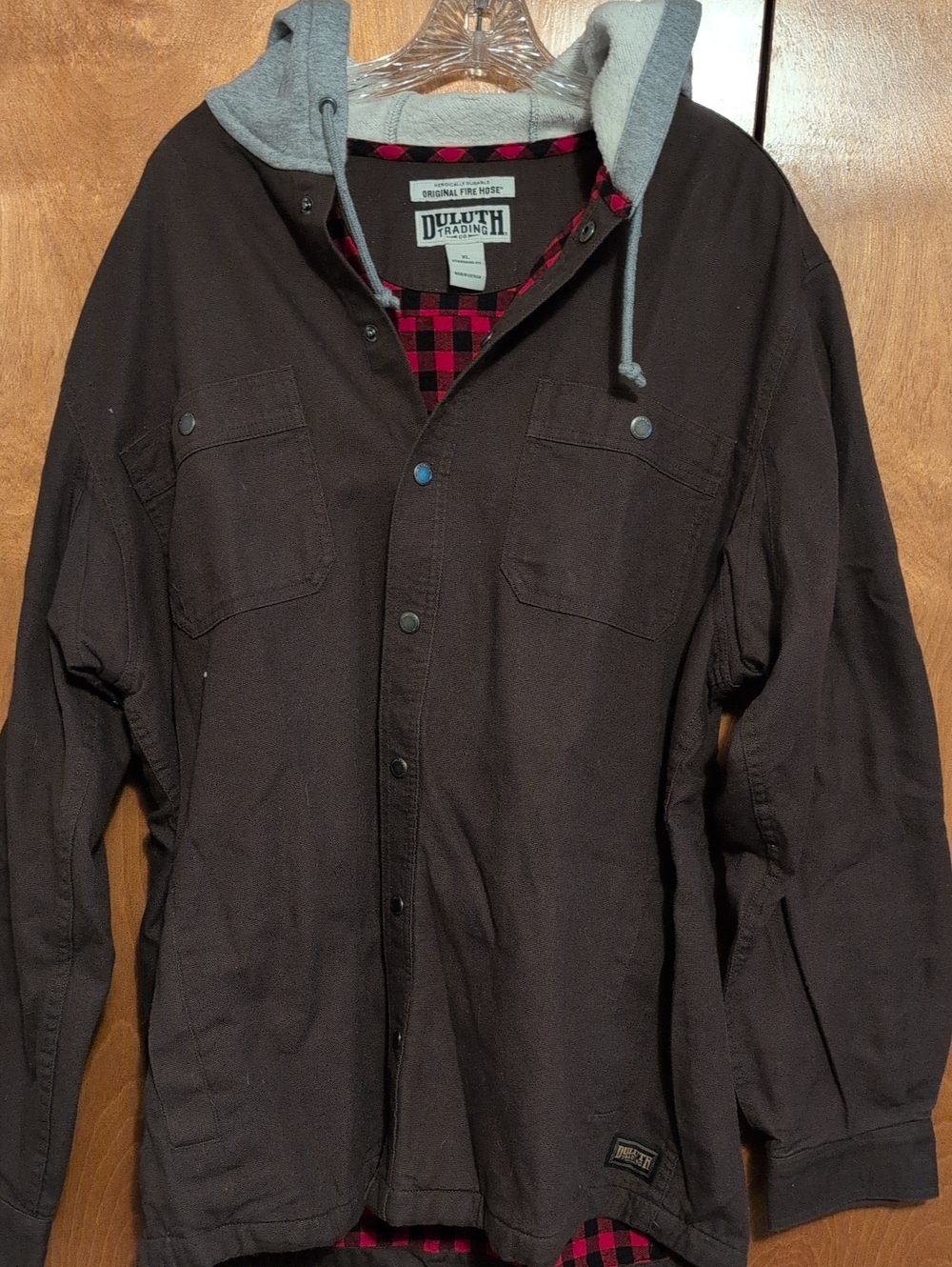 Duluth Trading Co Brown Hooded Field Jacket with Gray Hood and Red Plaid Lining